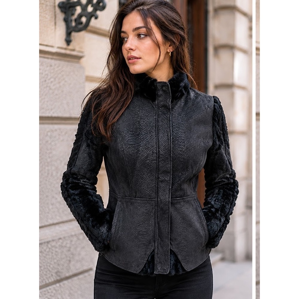 Lucidity Black Leather Jacket M Rabbit Fur Sleeves Embossed Moto Glam Mix Media